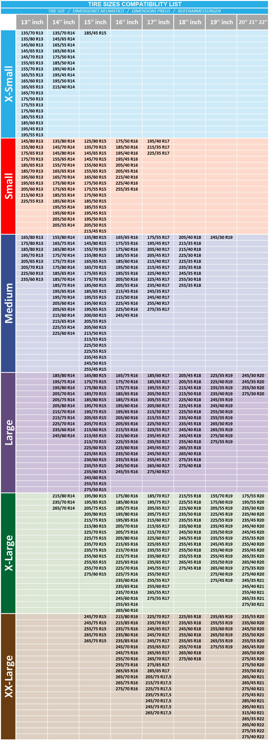 snowsocks size table